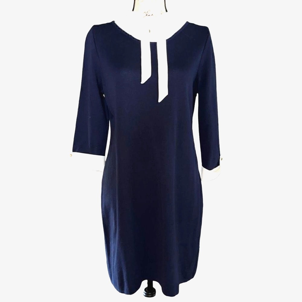 Ming Wang Navy Blue Knit Dress White Bow Collar 3/4 Sleeve Size S